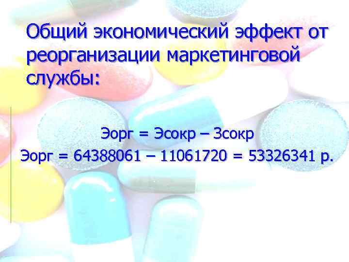 Общий экономический эффект от реорганизации маркетинговой службы: Эорг = Эсокр – Зсокр Эорг =