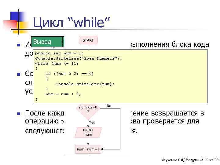 Цикл “while” n n n Вывод Пример Синтаксис Используется для повторного выполнения блока кода