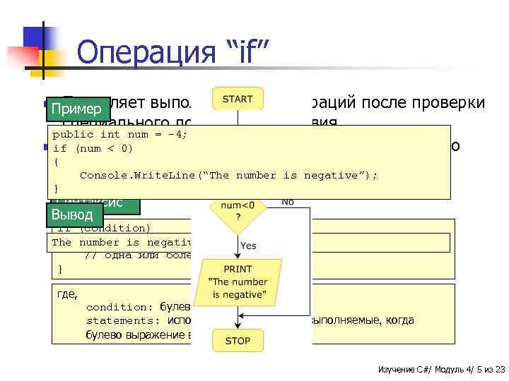 Операция “if” выполнить блок операций после проверки специального логического условия. public int num =