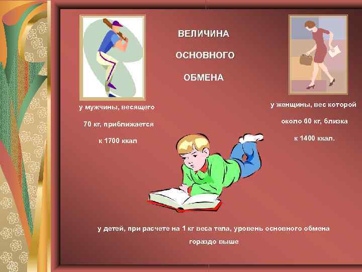 ВЕЛИЧИНА ОСНОВНОГО ОБМЕНА у мужчины, весящего у женщины, вес которой 70 кг, приближается около