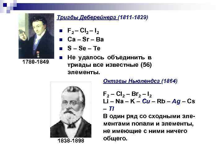 Триады Деберейнера (1811 -1829) n n n 1780 -1849 n F 2 – Cl