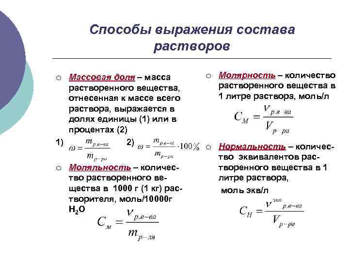 Способы выражения состава растворов Массовая доля – масса растворенного вещества, отнесенная к массе всего