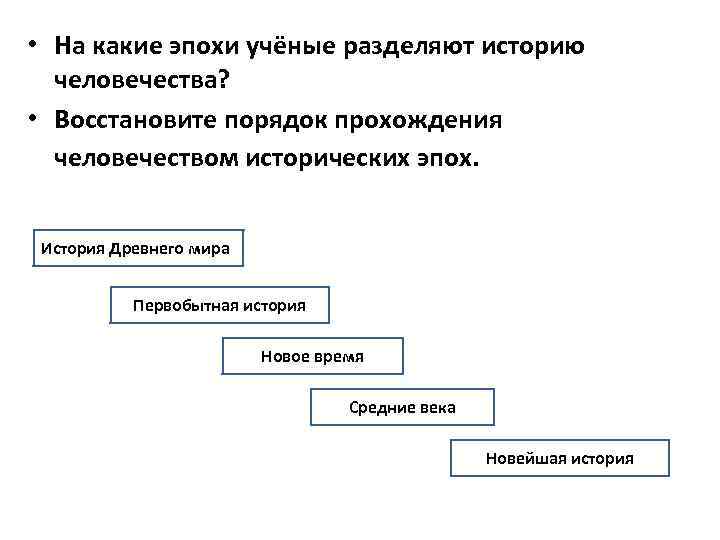  • На какие эпохи учёные разделяют историю человечества? • Восстановите порядок прохождения человечеством