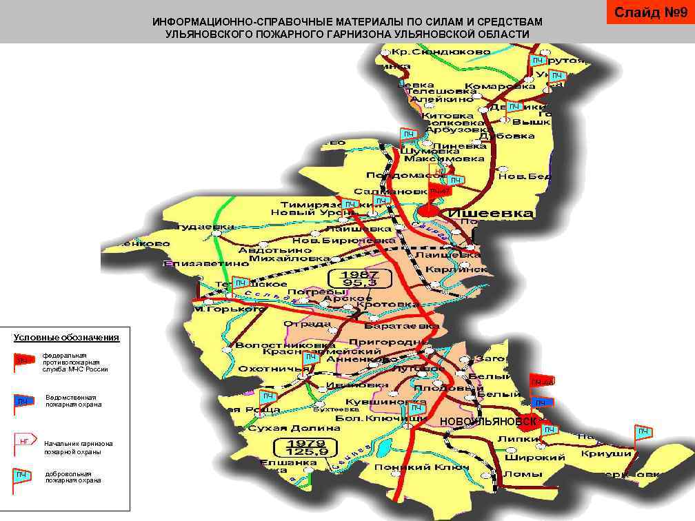 Слайд № 9 ИНФОРМАЦИОННО-СПРАВОЧНЫЕ МАТЕРИАЛЫ ПО СИЛАМ И СРЕДСТВАМ УЛЬЯНОВСКОГО ПОЖАРНОГО ГАРНИЗОНА УЛЬЯНОВСКОЙ ОБЛАСТИ