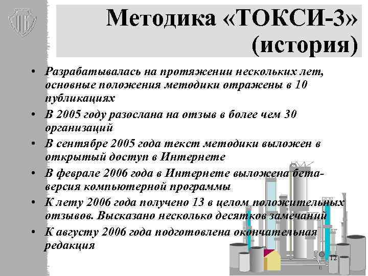Методика «ТОКСИ-3» (история) • Разрабатывалась на протяжении нескольких лет, основные положения методики отражены в