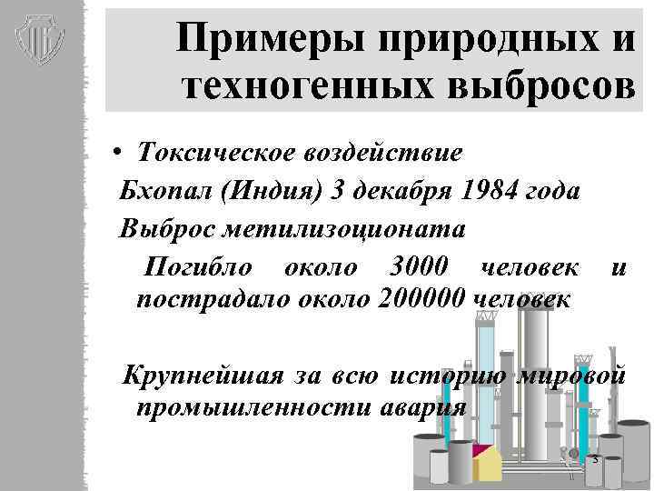 Примеры природных и техногенных выбросов • Токсическое воздействие Бхопал (Индия) 3 декабря 1984 года