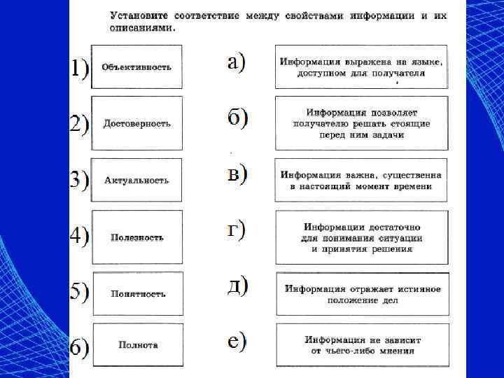 Информация не зависит от мнения. Установите соответствие между свойством информации и его описанием. Соответствие между свойствами информации. Установите соответствие между свойствами информации. Установите соответствие между свойствами информации и их описаниями.