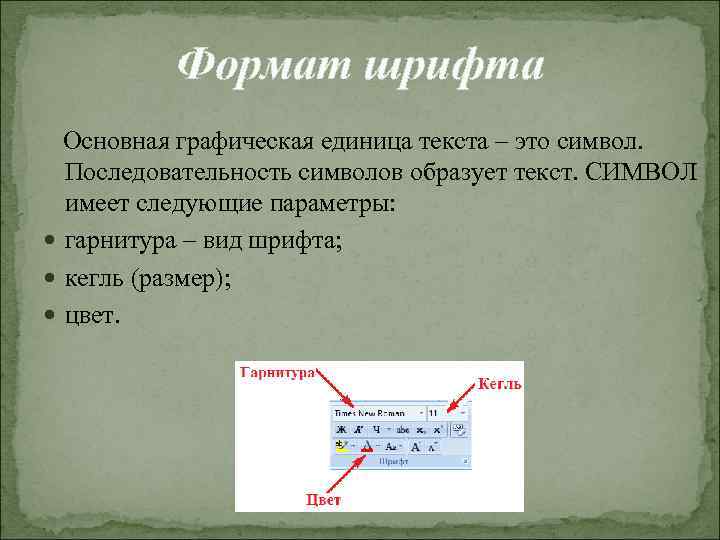 Формат шрифта Основная графическая единица текста – это символ. Последовательность символов образует текст. СИМВОЛ