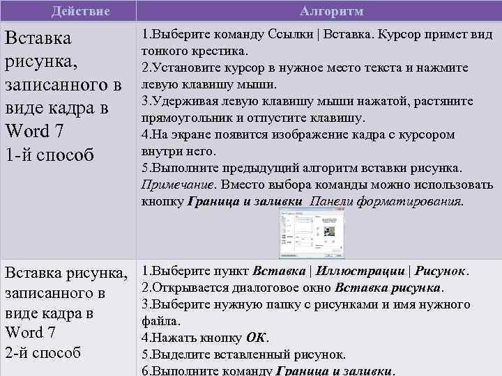 Действие Алгоритм Вставка рисунка, записанного в виде кадра в Word 7 1 -й способ