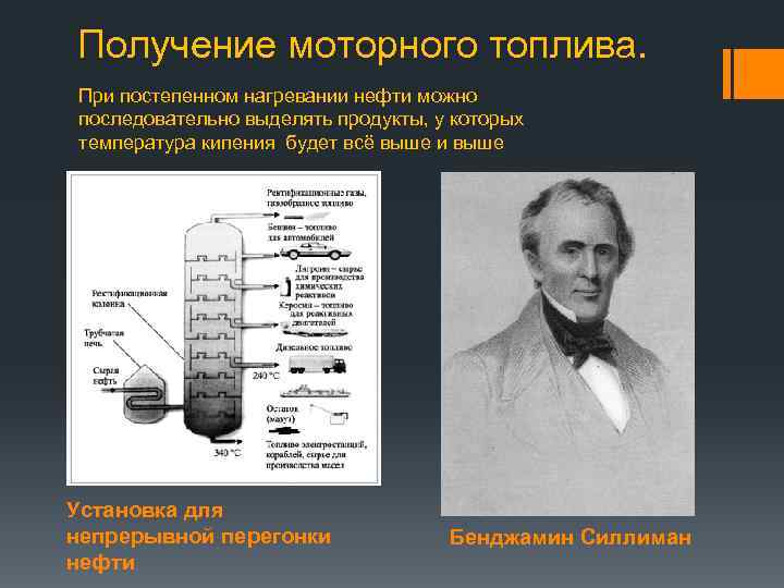 Получение моторного топлива. При постепенном нагревании нефти можно последовательно выделять продукты, у которых температура
