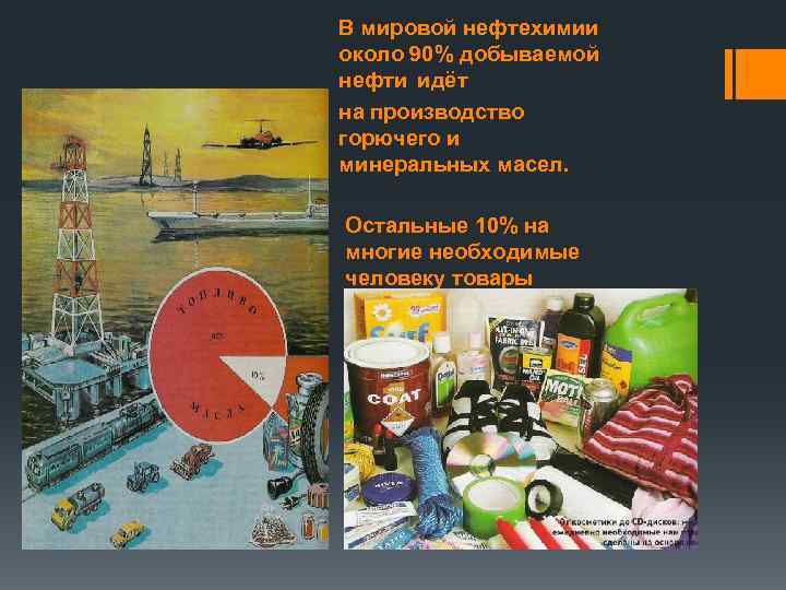 В мировой нефтехимии около 90% добываемой нефти идёт на производство горючего и минеральных масел.