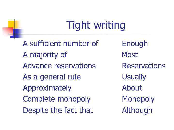 Tight writing A sufficient number of Enough A majority of Most Advance reservations Reservations