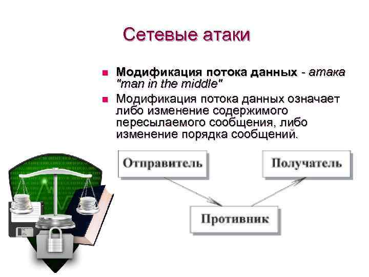 Сетевые атаки n n Модификация потока данных - атака "man in the middle" Модификация