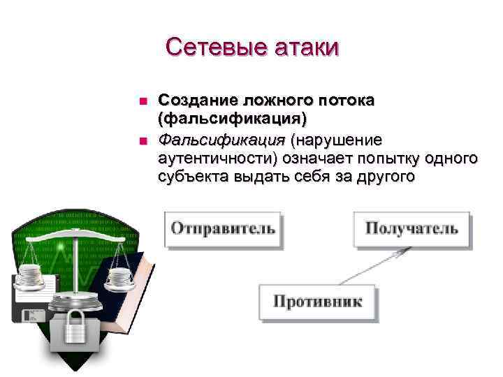 Сетевые атаки n n Создание ложного потока (фальсификация) Фальсификация (нарушение аутентичности) означает попытку одного
