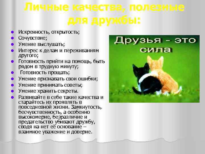 Личные качества, полезные для дружбы: l l l l l Искренность, открытость; Сочувствие; Умение