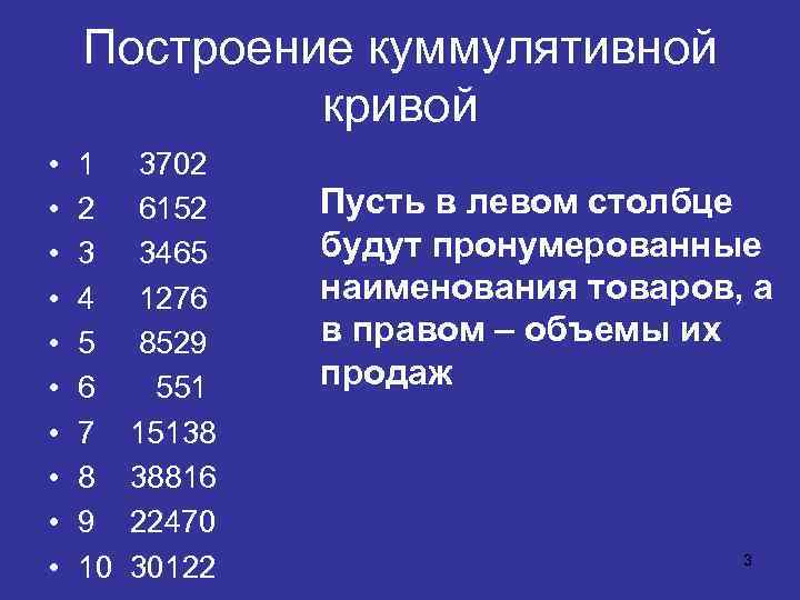 Построение куммулятивной кривой • • • 1 2 3 4 5 6 7 8