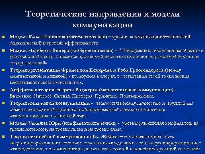 Теоретические направления и модели коммуникации n n n n Модель Клода Шеннона (математическая) –