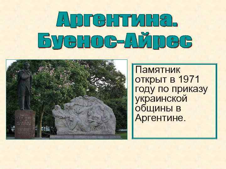 Памятник открыт в 1971 году по приказу украинской общины в Аргентине. 