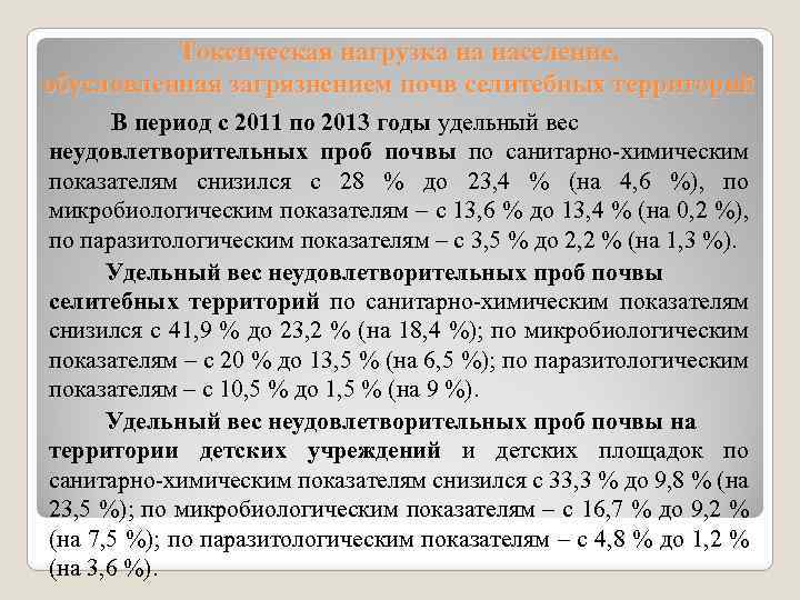 Токсическая нагрузка на население, обусловленная загрязнением почв селитебных территорий В период с 2011 по