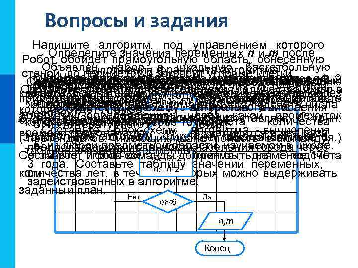 Вопросы и задания Напишите алгоритм, под управлением которого Определите значения переменных n и m