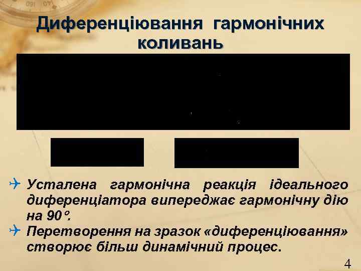 Диференціювання гармонічних коливань Усталена гармонічна реакція ідеального диференціатора випереджає гармонічну дію на 90. Перетворення