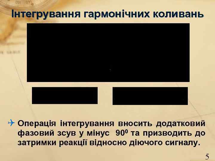 Інтегрування гармонічних коливань Операція інтегрування вносить додатковий фазовий зсув у мінус 900 та призводить