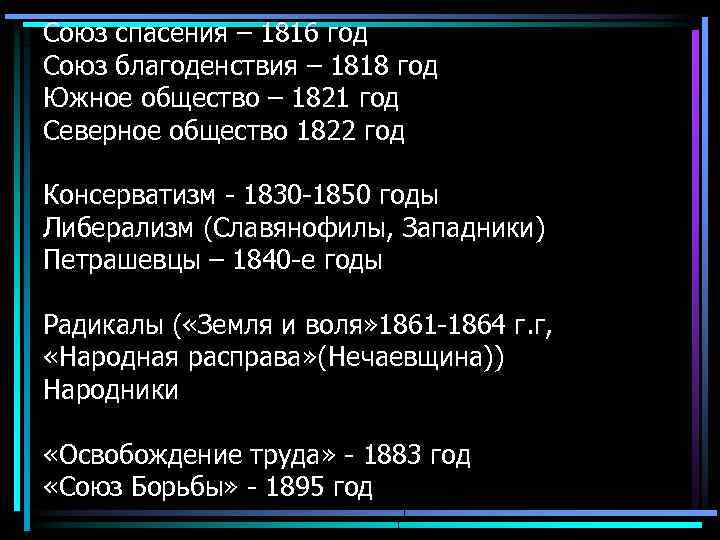 Союз спасения – 1816 год Союз благоденствия – 1818 год Южное общество – 1821