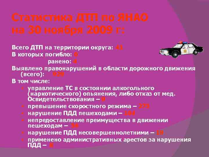 Статистика ДТП по ЯНАО на 30 ноября 2009 г: Всего ДТП на территории округа: