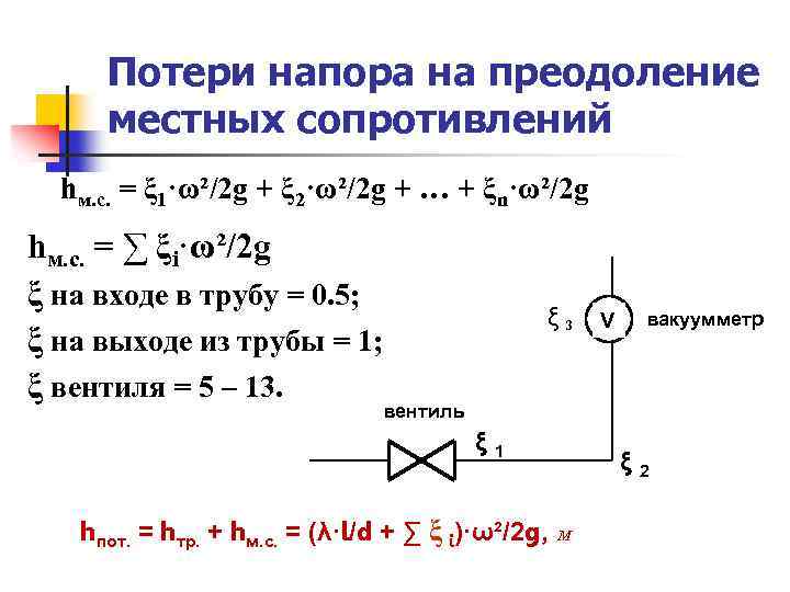 Потери напора на преодоление местных сопротивлений hм. с. = ξ 1·ω²/2 g + ξ