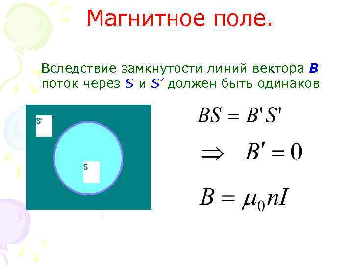 Магнитное поле. Вследствие замкнутости линий вектора В поток через S и S’ должен быть