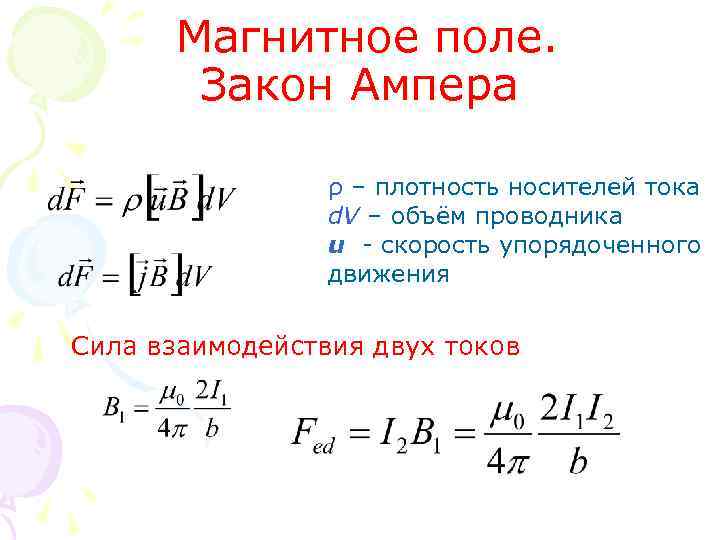 Магнитное поле. Закон Ампера ρ – плотность носителей тока d. V – объём проводника