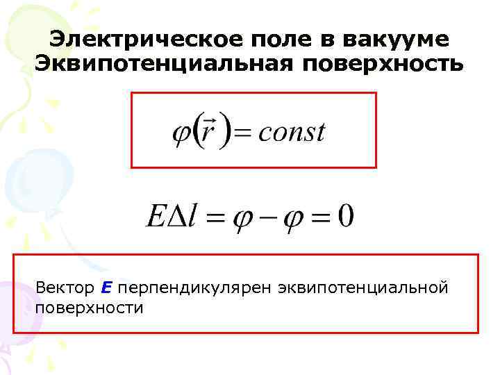 Электрическое поле в вакууме Эквипотенциальная поверхность Вектор E перпендикулярен эквипотенциальной поверхности 