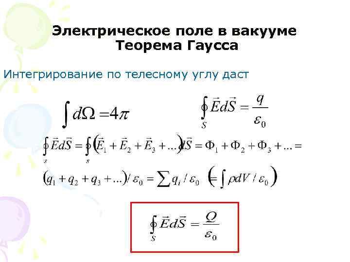 Электрическое поле в вакууме Теорема Гаусса Интегрирование по телесному углу даст 