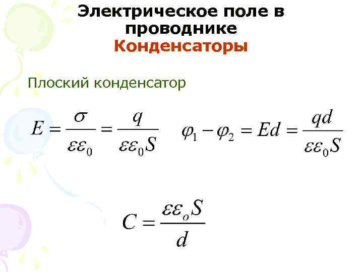 Электрическое поле в проводнике Конденсаторы Плоский конденсатор 