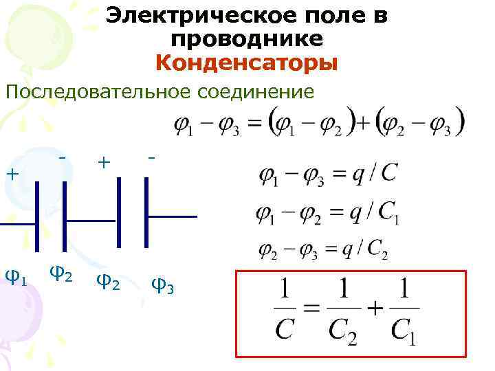 Электрическое поле в проводнике Конденсаторы Последовательное соединение + φ1 - + - φ2 φ2