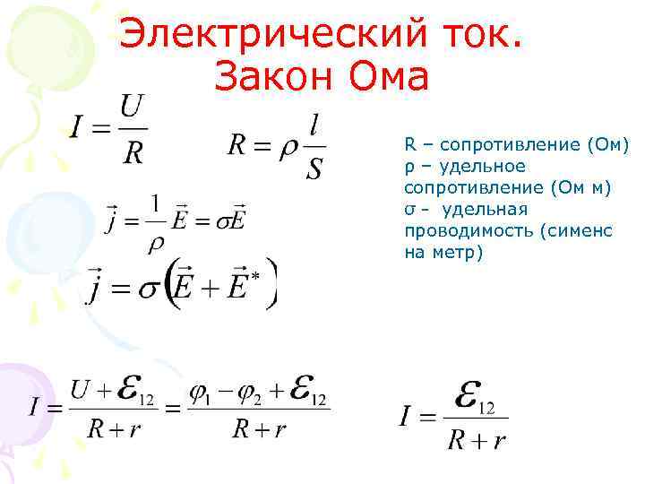 Электрический ток. Закон Ома R – сопротивление (Ом) ρ – удельное сопротивление (Ом м)