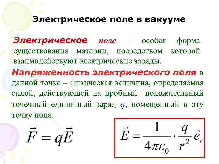 Электрическое поле в вакууме Электрическое поле – особая форма существования материи, посредством которой взаимодействуют