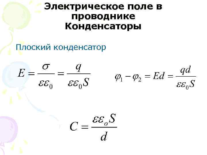 Электрическое поле в проводнике Конденсаторы Плоский конденсатор 