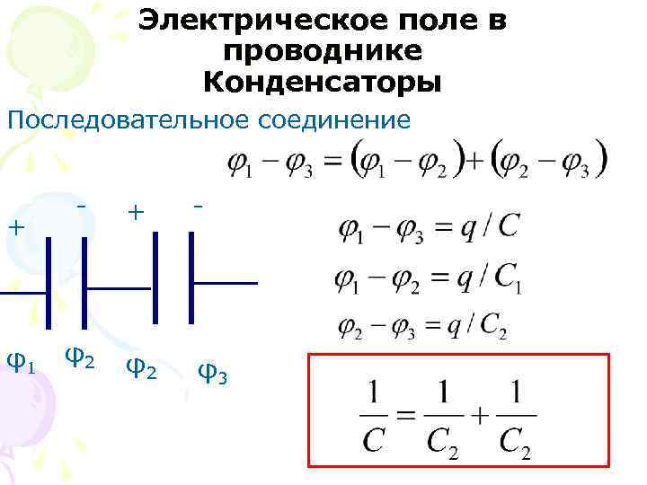 Электрическое поле в проводнике Конденсаторы Последовательное соединение + φ1 - + - φ2 φ2