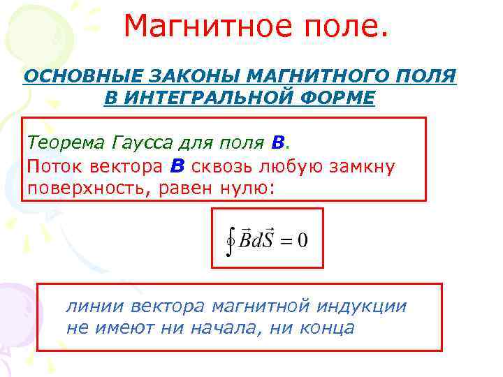 Магнитное поле. ОСНОВНЫЕ ЗАКОНЫ МАГНИТНОГО ПОЛЯ В ИНТЕГРАЛЬНОЙ ФОРМЕ Теорема Гаусса для поля В.