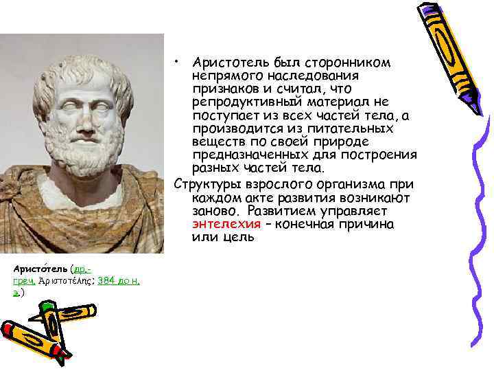  • Аристотель был сторонником непрямого наследования признаков и считал, что репродуктивный материал не
