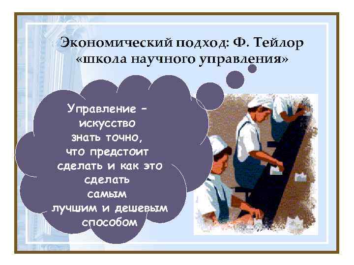 Экономический подход: Ф. Тейлор «школа научного управления» Управление – искусство знать точно, что предстоит
