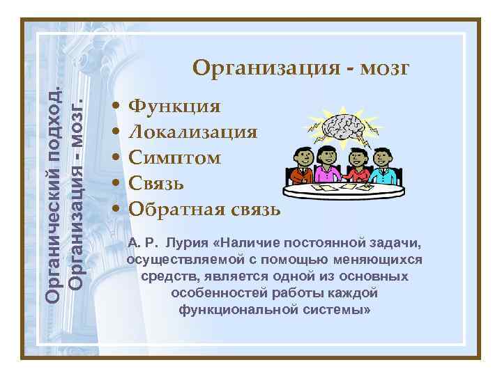 Органический подход. Организация - мозг • • • Функция Локализация Симптом Связь Обратная связь