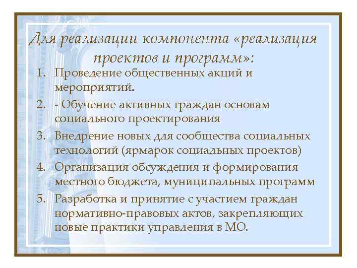Для реализации компонента «реализация проектов и программ» : 1. Проведение общественных акций и мероприятий.
