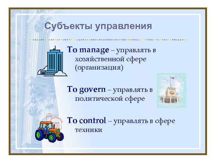 Субъекты управления To manage – управлять в хозяйственной сфере (организация) To govern – управлять