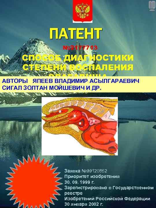 ПАТЕНТ № 2177713 СПОСОБ ДИАГНОСТИКИ СТЕПЕНИ ВОСПАЛЕНИЯ ВЛАГАЛИЩА АВТОРЫ ЯПЕЕВ ВЛАДИМИР АСЫЛГАРАЕВИЧ СИГАЛ ЗОЛТАН