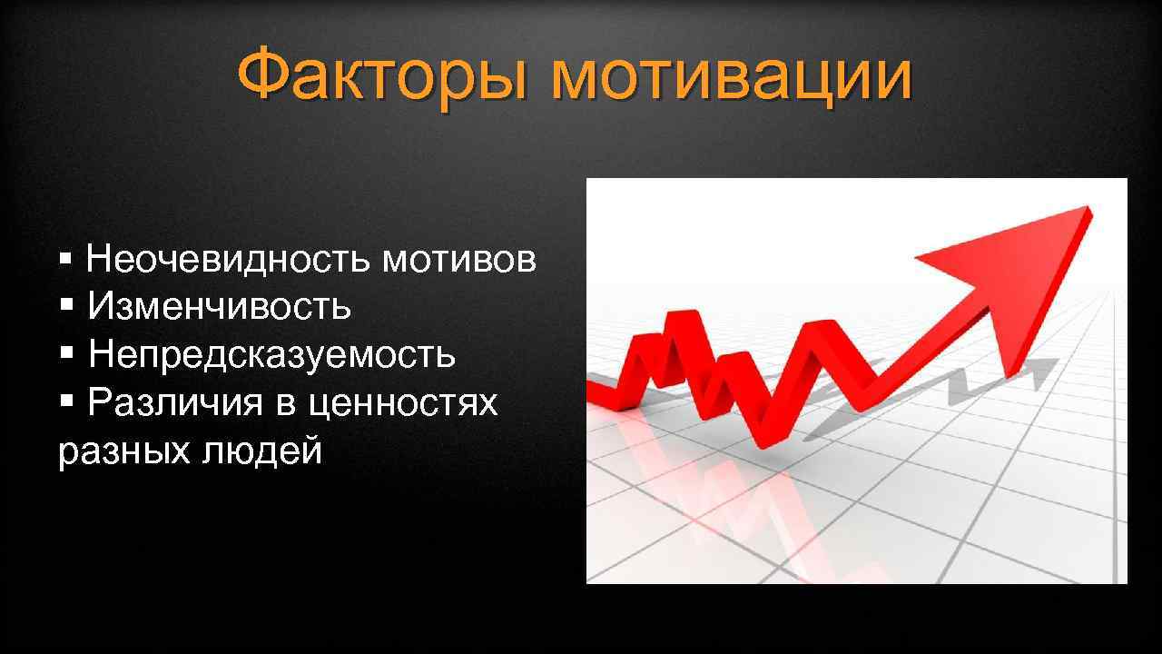 Факторы мотивации § Неочевидность мотивов § Изменчивость § Непредсказуемость § Различия в ценностях разных