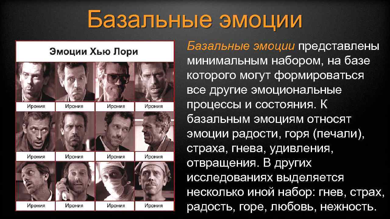 Базальные эмоции представлены минимальным набором, на базе которого могут формироваться все другие эмоциональные процессы