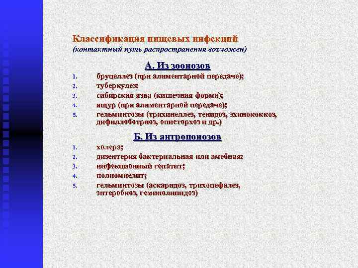 Классификация пищевых инфекций (контактный путь распространения возможен) А. Из зоонозов 1. 2. 3. 4.