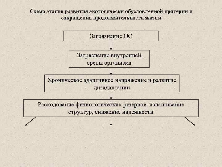 Схема этапов развития экологически обусловленной прогерии и сокращения продолжительности жизни Загрязнение ОС Загрязнение внутренней